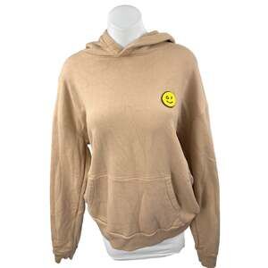 Gilly Hicks Women's Tan Smiley Long Sleeve Hoodie Hooded Fleece Sweatshirt Sz L